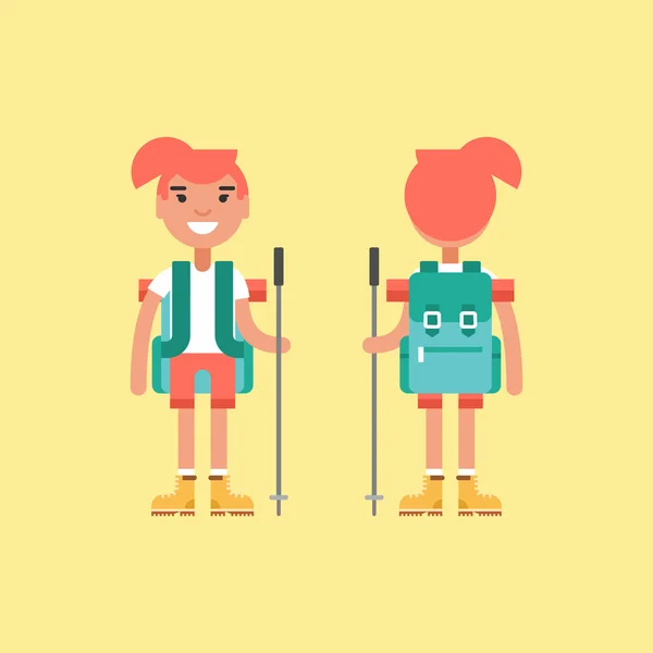 Concepto de senderismo. Chica sonriente con mochila y palo para senderismo. Vista frontal y trasera. Ilustración de estilo plano — Vector de stock