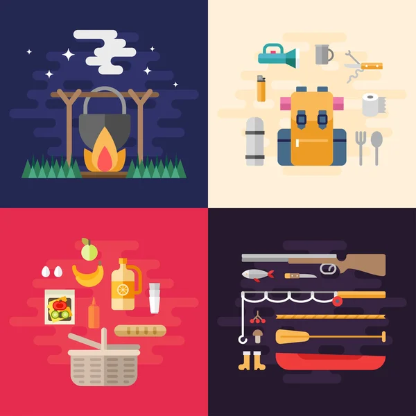 Conjunto de ilustraciones vectoriales de estilo plano para banners web o materiales promocionales. Pote turístico en llamas. Cesta con comida para una foto — Vector de stock