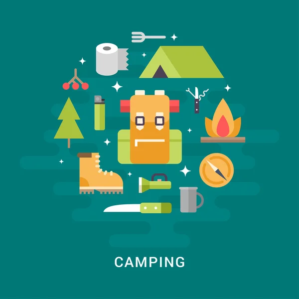 Camping Concept. Rugzak en Camping spullen. Vlakke stijl vectorillustratie — Stockvector