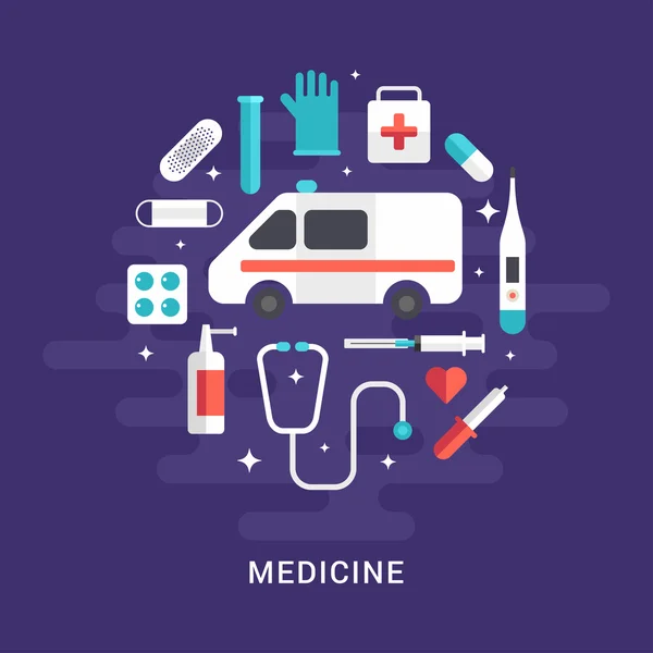 Ambulância e Ícones Médicos e Objetos. Ilustração vetorial de estilo plano. Conceito de Medicina —  Vetores de Stock