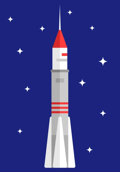 Un cohete espacial en el espacio. Ilustración vectorial plana — Vector de stock