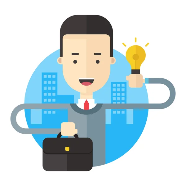 Un uomo d'affari con una valigetta e una lampadina che simboleggia l'idea creativa. Illustrazione vettoriale piatto — Vettoriale Stock