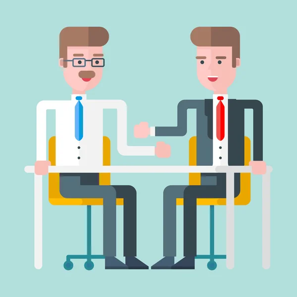 Dos hombres de negocios discutiendo un trato en un escritorio. Ilustración vectorial plana — Vector de stock