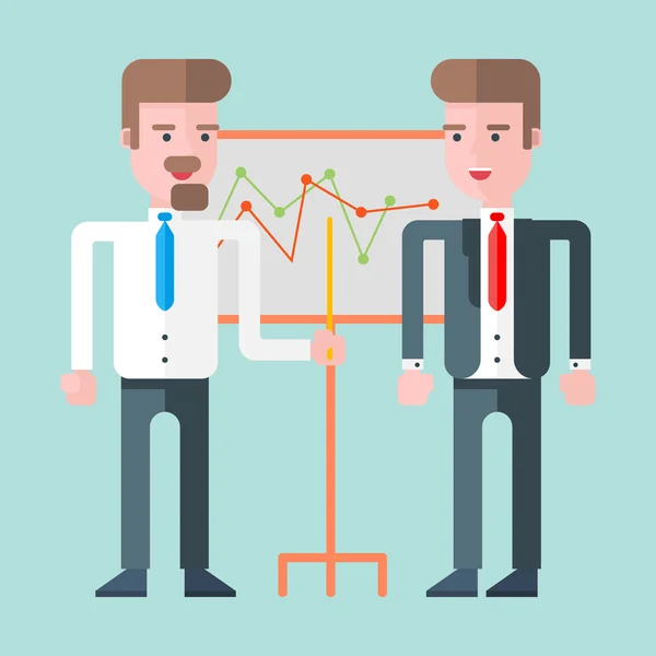 Dois homens de negócios em frente ao quadro branco com gráficos. Ilustração vetorial plana —  Vetores de Stock