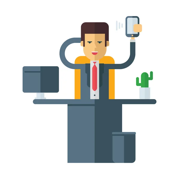 A businessman sitting at his desk in office. Coloured flat vector illustration isolated on white background — Stock Vector