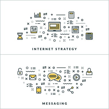 Internet Strategy and Messaging. Vector Flat Thin Line Illustration for Website Banner or Header. Flat Line Icons and Geometric Design Elements