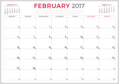 Calendar Planner for 2017 Year. Vector Design Template. February. Week Starts Monday. 3 Months on Page. Stationery Design