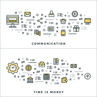 Communication and Time is Money. Vector Flat Thin Line Illustration for Website Banner or Header. Flat Line Icons and Geometric Design Elements