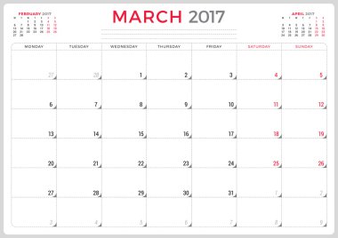 Calendar Planner for 2017 Year. Vector Design Template. March. Week Starts Monday. 3 Months on Page. Stationery Design