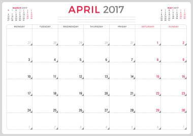 Calendar Planner for 2017 Year. Vector Design Template. April. Week Starts Monday. 3 Months on Page. Stationery Design
