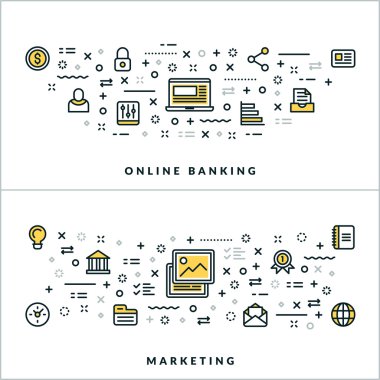 Online Banking and Marketing. Vector Flat Thin Line Illustration for Website Banner or Header. Flat Line Icons and Geometric Design Elements