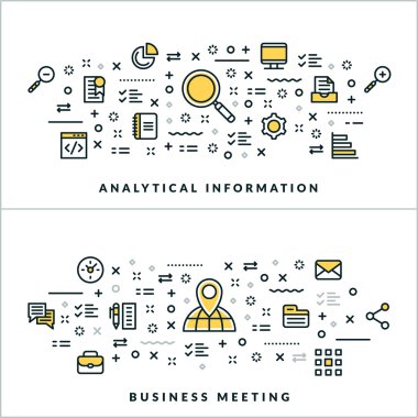 Analytical Information and Business Meeting. Vector Flat Thin Line Illustration for Website Banner or Header. Flat Line Icons and Geometric Design Elements