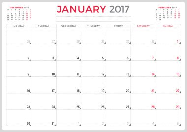 Calendar Planner for 2017 Year. Vector Design Template. January. Week Starts Monday. 3 Months on Page. Stationery Design