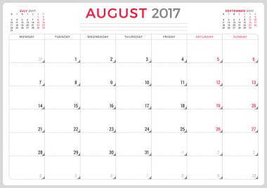 2017 Yılının Takvim Planlayıcısı. Vektör Tasarım Şablonu. Ağustos. Hafta Pazartesi başlıyor. Sayfada 3 ay. Kırtasiye Tasarımı
