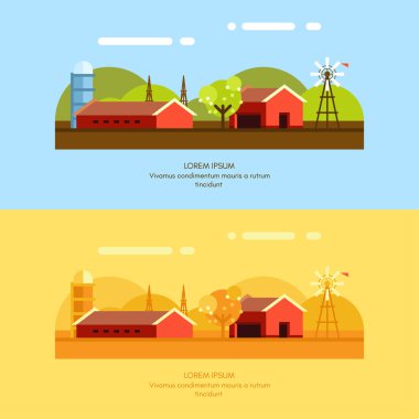 Kırsal çiftlik manzara. Düz stil vektör çizimler kümesi. Vektör arka plan