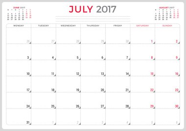 Calendar Planner for 2017 Year. Vector Design Template. July. Week Starts Monday. 3 Months on Page. Stationery Design