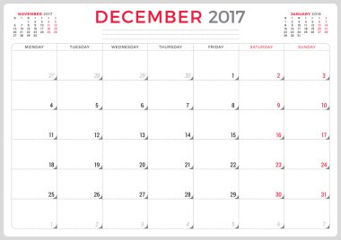Calendar Planner for 2017 Year. Vector Design Template. December. Week Starts Monday. 3 Months on Page. Stationery Design
