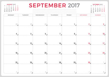 Calendar Planner for 2017 Year. Vector Design Template. September. Week Starts Monday. 3 Months on Page. Stationery Design