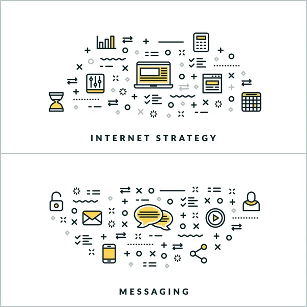 Internet Strategy and Messaging. Vector Flat Thin Line Illustration for Website Banner or Header. Flat Line Icons and Geometric Design Elements — ストックベクタ