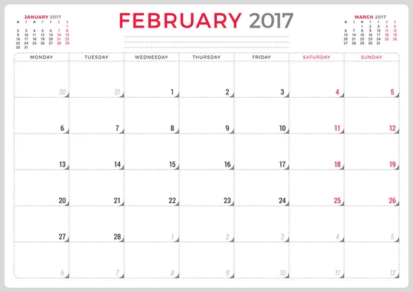 Calendar Planner for 2017 Year. Vector Design Template. February. Week Starts Monday. 3 Months on Page. Stationery Design — Stok Vektör