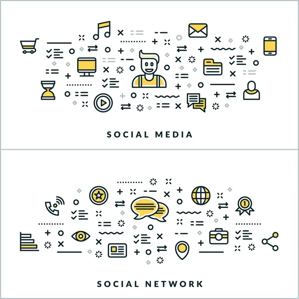 Social Media and Social Network. Vector Flat Thin Line Illustration for Website Banner or Header. Flat Line Icons and Geometric Design Elements — Stock Vector