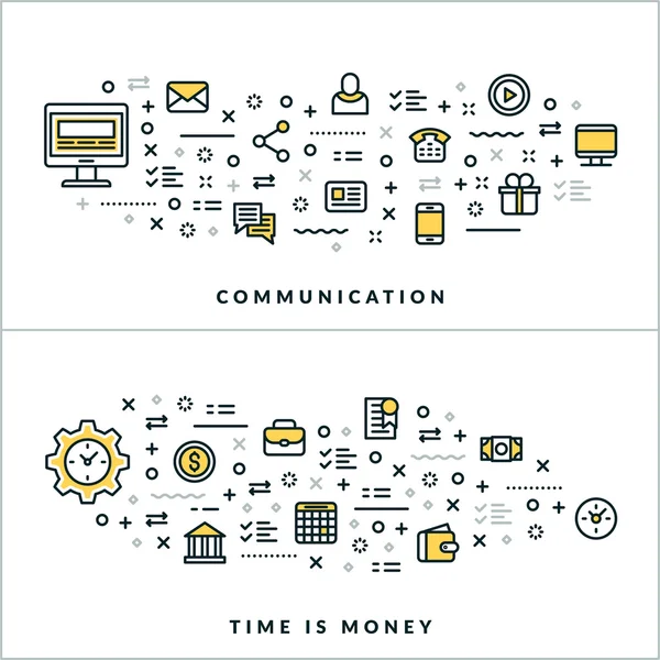 La comunicación y el tiempo es dinero. Vector Flat Thin Line Illustration for Website Banner or Header (en inglés). Iconos de línea plana y elementos geométricos de diseño — Vector de stock