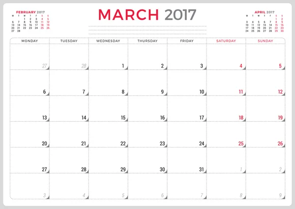 Planificador de Calendario 2017 Año. Plantilla de diseño vectorial. Marzo. La semana empieza el lunes. 3 meses en la página. Diseño de papelería — Archivo Imágenes Vectoriales