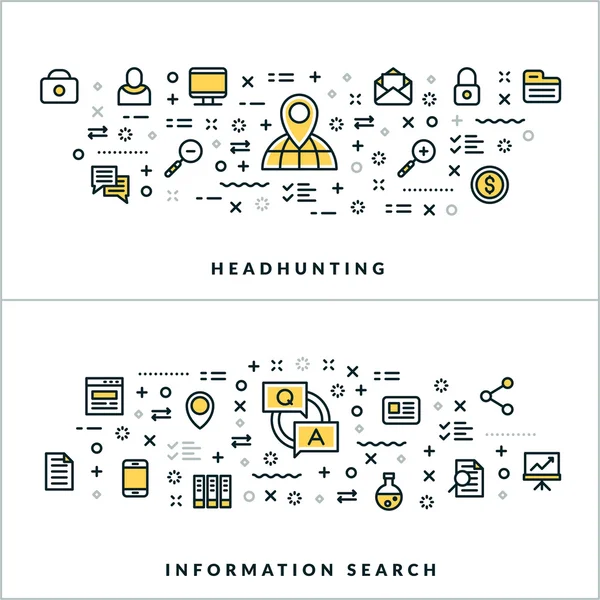 Headhunting and Information Search. Vector Flat Thin Line Illustration for Website Banner or Header. Flat Line Icons and Geometric Design Elements — Stockvector