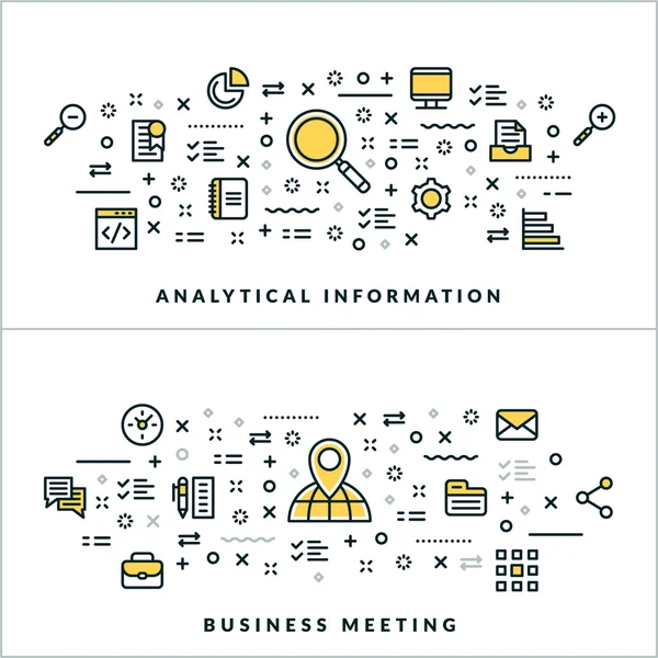 Analytical Information and Business Meeting. Vector Flat Thin Line Illustration for Website Banner or Header. Flat Line Icons and Geometric Design Elements — Stockvector