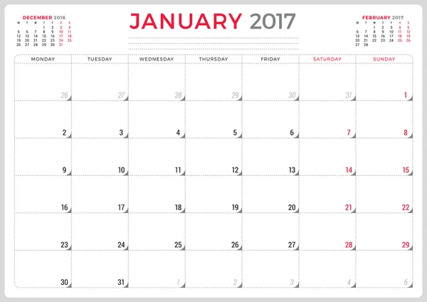 Calendar Planner for 2017 Year. Vector Design Template. January. Week Starts Monday. 3 Months on Page. Stationery Design — Διανυσματικό Αρχείο