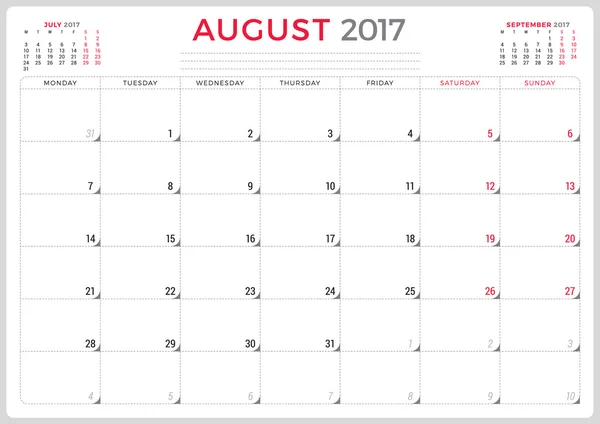 Planer kalendarza na rok 2017. Szablon projektu wektora. Sierpień. Tydzień zaczyna się w poniedziałek. 3 miesiące na stronie. Wzornictwo wyrobów piśmiennych — Wektor stockowy