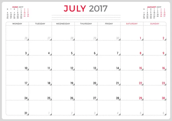 Calendar Planner for 2017 Year. Vector Design Template. July. Week Starts Monday. 3 Months on Page. Stationery Design — Stock vektor