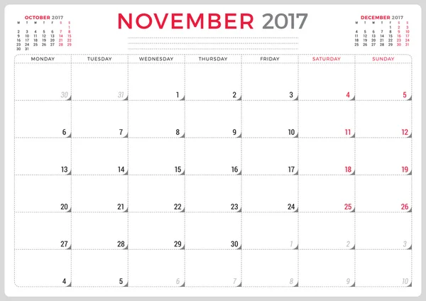 Kalenderplaner für 2017 Jahr. Vektor-Design-Vorlage. November. Die Woche beginnt am Montag. 3 Monate auf Seite. Schreibwarendesign — Stockvektor