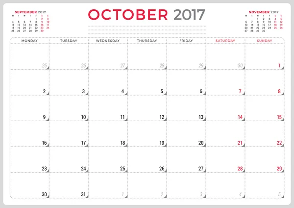 Agenda Planificateur 2017 Année. Modèle de conception vectorielle. Octobre. La semaine commence lundi. 3 mois à la page. Conception de papeterie — Image vectorielle