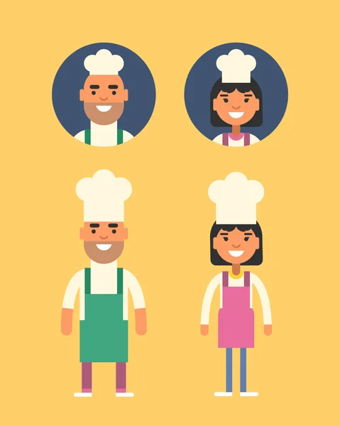 Concetto di cucina. Chef Cook Professione. Uomo e donna sorridenti in divisa da capo. Illustrazione in stile piatto. Persone Professione Avatar — Vettoriale Stock