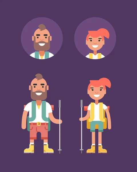 Concept de randonnée. Jeune homme et femme souriant avec sac à dos et bâton pour la randonnée. Illustration de style plat. Personnes Profession Avatars — Image vectorielle