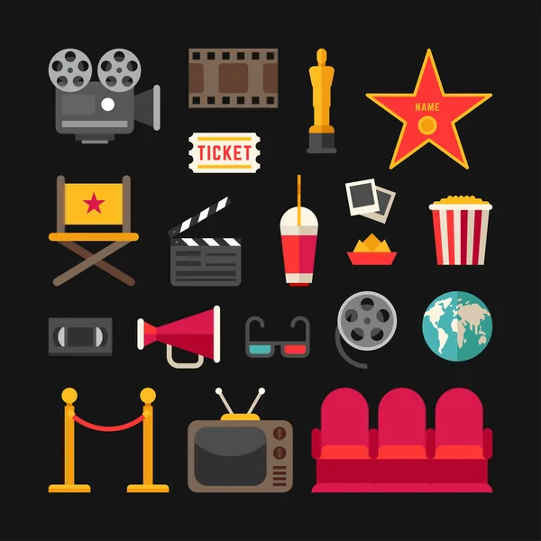 Concepto de Cine. Símbolos de la industria cinematográfica. Conjunto de iconos e ilustraciones vectoriales de estilo plano. Proyector de Cine, Palomitas de maíz, Óscar, Lentes 3D, Cine — Vector de stock