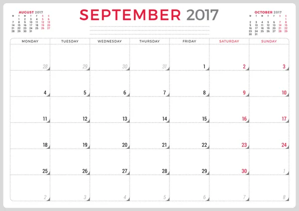 Planificador de Calendario 2017 Año. Plantilla de diseño vectorial. Septiembre. La semana empieza el lunes. 3 meses en la página. Diseño de papelería — Archivo Imágenes Vectoriales