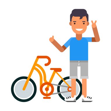 Bisikletli bisikletçi. Erkek karakter. Sağlıklı yaşam tarzı. Düz vektör çizimi. İnsanlar meslek karakteri