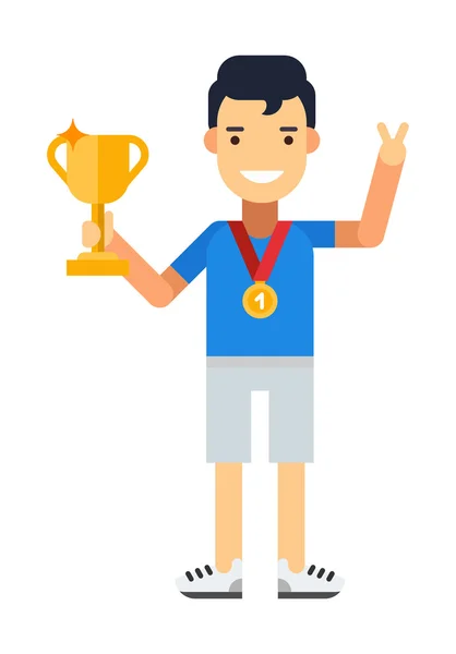 Sportsman with prize. Male character. Healthy lifestyle. Flat vector illustration. People occupation character — Stock Vector