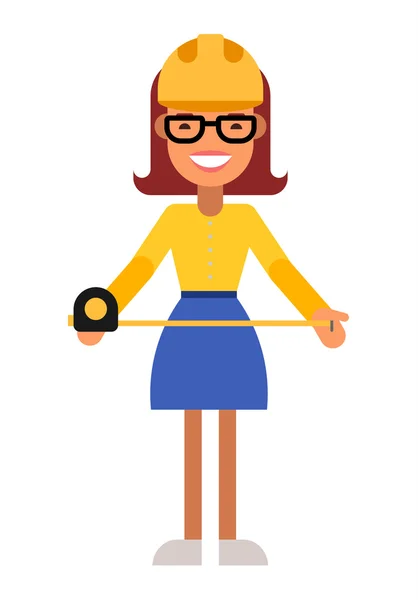 Construtor ou engenheiro em capacete e óculos. Personagem feminina. Ilustração vetorial plana. Caráter de ocupação — Vetor de Stock