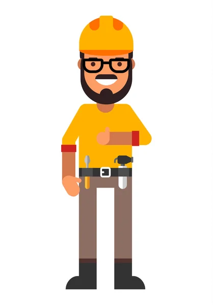 Construtor ou engenheiro em capacete e óculos. Personagem masculino. Ilustração vetorial plana. Caráter de ocupação — Vetor de Stock