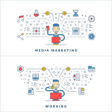 Medya pazarlama. Çalışma. Düz çizgi simgeleri ve işadamı çizgi film karakteri. İş konsepti. Web sitesi afiş şablonu veya üstbilgi için vektör ince çizgi çizimi