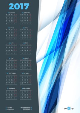 2017 Yılı Takvim Tasarım Şablonu. Hafta pazartesi başlıyor. Kırtasiye Tasarımı. Soyut Arka Plana Sahip Vektör Takvimi Posteri