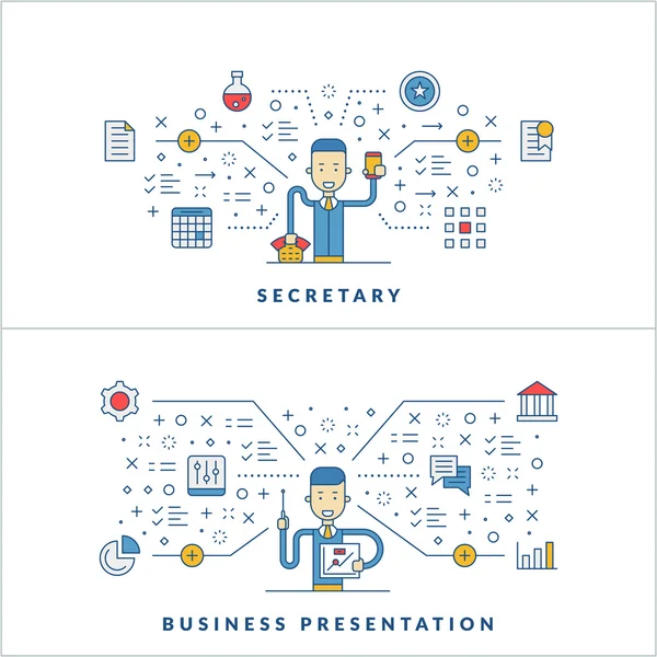 Secretary. Business presentation. Flat line icons and businessman cartoon character. Business concept. Vector thin line illustration for website banner template or header — Stock Vector