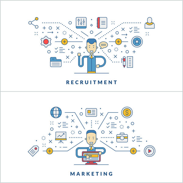 Вербовка. Маркетинг. Плоская линия и карикатурный персонаж бизнесмена. Бизнес-концепция. Векторная тонкая линия иллюстрации для шаблона баннера сайта или заголовка
