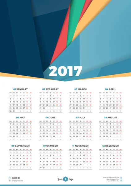 Modelo de Design de Calendário para 2017 Ano. A semana começa segunda-feira. Desenho de papelaria. Cartaz de calendário vetorial com fundo plano abstrato — Vetor de Stock