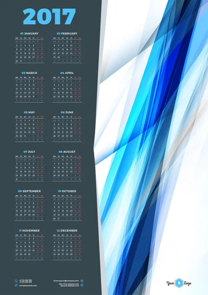 Plantilla de diseño de calendario para 2017 Año. La semana comienza el lunes. Diseño de Papelería. Cartel del calendario vectorial con fondo abstracto — Archivo Imágenes Vectoriales
