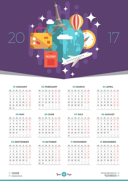 Kalendermall Design för 2017 år. Veckan börjar måndag. Pappersvaror Design. Vector kalender affisch med platt stil Illustration. Resor-konceptet — Stock vektor