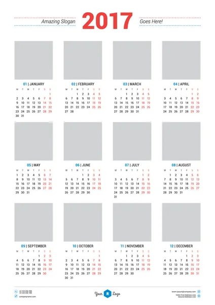 Modèle de conception de calendrier pour 2017 Année. La semaine commence lundi. Papeterie Design. Affiche de calendrier vectoriel avec place pour photo — Image vectorielle